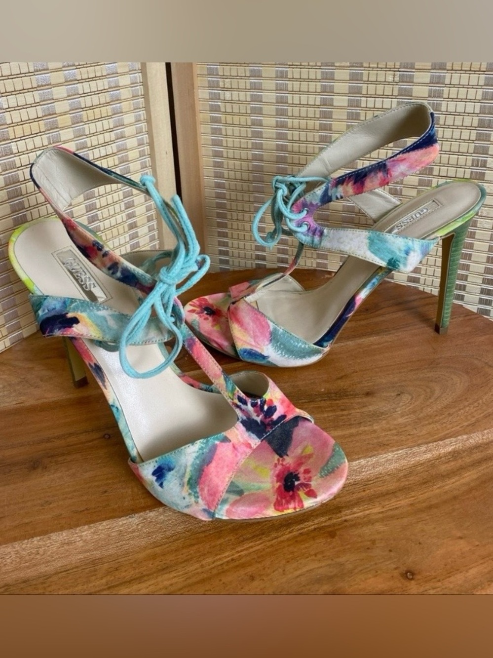 Guess Woman’s 9 T- Strap Lace Up Floral Heels
